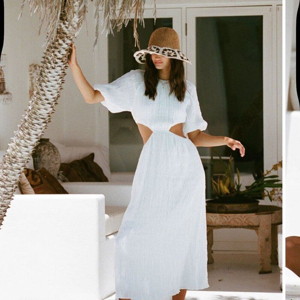 SABO White Textured Cutout Midi Dress Puff Sleeve Resort XS